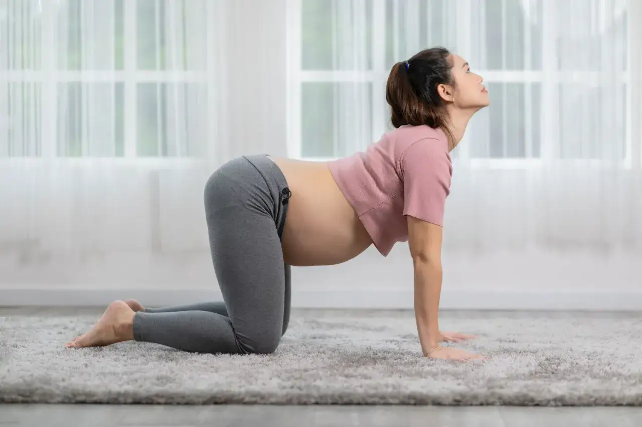 Gravid kvinna g&ouml;r katt-ko-position f&ouml;r att lindra ont i ryggen.