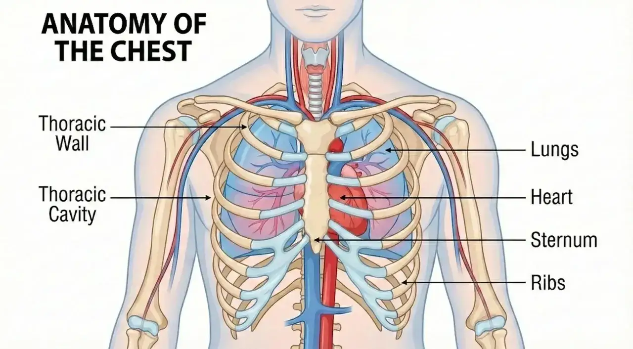 Illustration av bröstkorgens anatomi med lungor, hjärta och revben. Kan ge en förståelse för varför det kan kännas ont vid utandning.