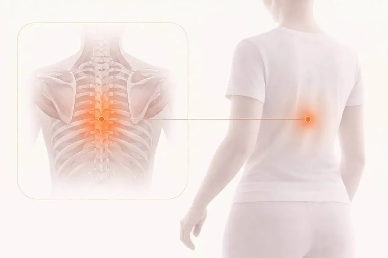 Illustration visar en person med ont i sidan av ryggen vid revbenen, markerat med en orange glöd.