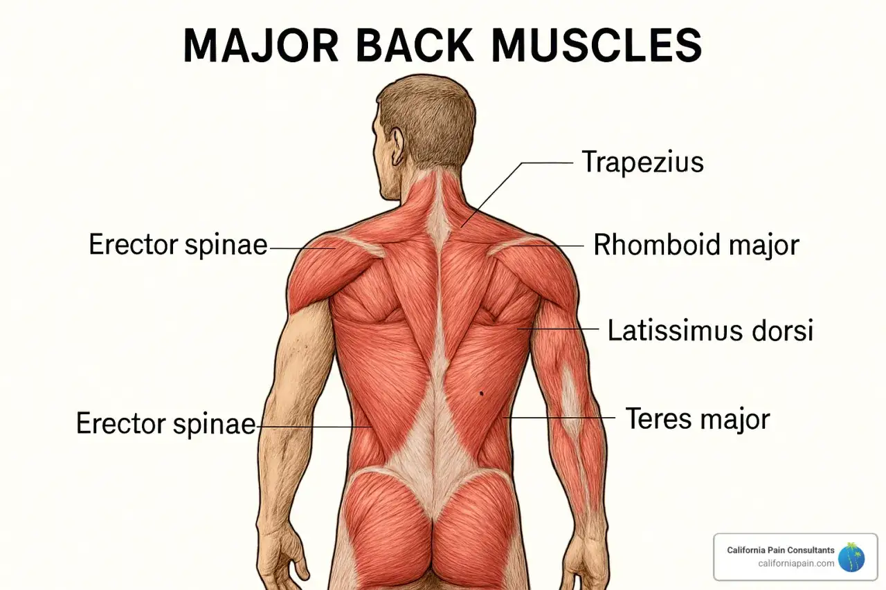 Illustration av en mans rygg med tydligt markerade muskler. Visar trapezius, erector spinae, rhomboid major, latissimus dorsi och teres major.