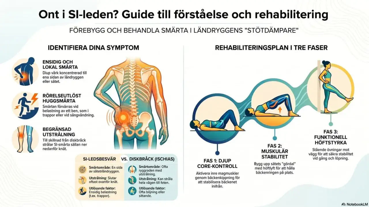 Guide till att f&ouml;rst&aring; och rehabilitera ont i SI-leden. Tre faser av &ouml;vningar: djup core-kontroll, muskul&auml;r stabilitet och funktionell h&ouml;ftstyrka.