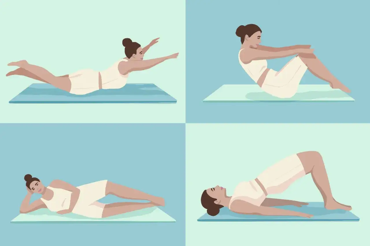 Illustration av en kvinna som gör olika pilatesövningar hemma: liggande på mage, sittande, liggande på sidan och brygga.
