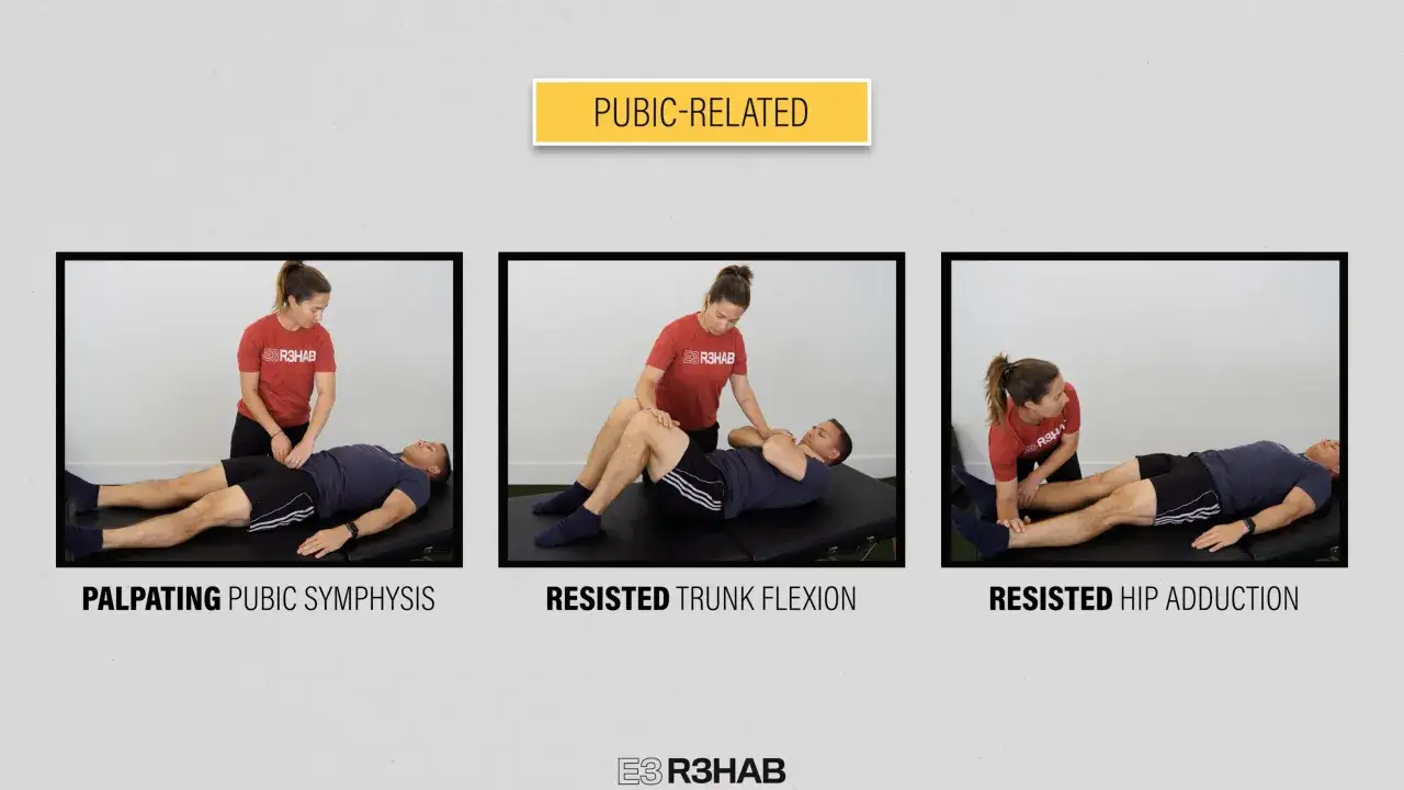 Rehabilitering för ont i ljumsken: palpation av symfysen, motstånd vid bålflexion och höftadduktion.
