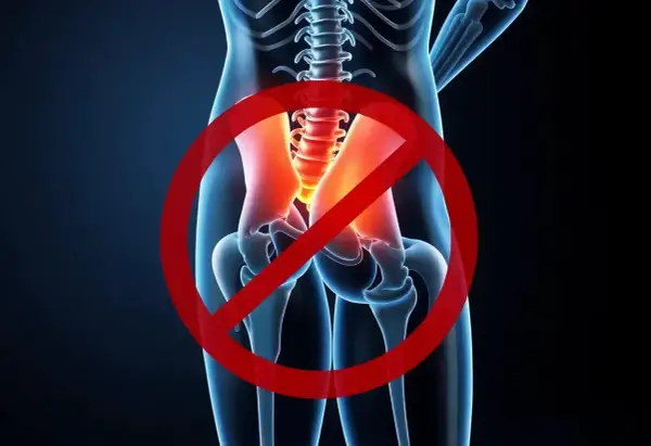 Illustration av bäckenet med markerad smärta, symboliserar att det är stopp för ont i piriformis.