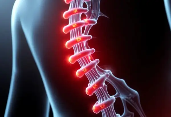 Illustration av ryggraden med glödande nervbanor som indikerar smärta eller inflammation.
