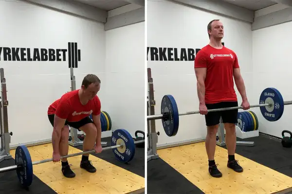 Man utför marklyft för att stärka ryggen och undvika ryggskott. Bilden visar startpositionen och den avslutade lyftet.