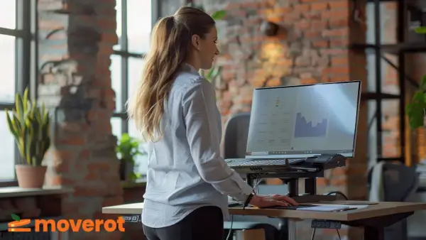 Kvinna jobbar med sittande vid ett höj- och sänkbart skrivbord. Hon tittar på en datorskärm med grafer.