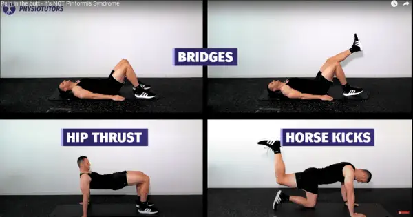 Övningar för att stärka sätesmusklerna, inklusive piriformis muskeln. Bilden visar "Bridges", "Hip Thrust" och "Horse Kicks".