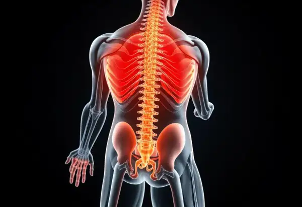 Ryggraden lyser rött, vilket kan indikera smärta eller inflammation. Detta kan vara relaterat till vad stenos betyder, en förträngning av ryggmärgskanalen.